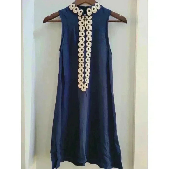 Lilly Pulitzer Womens 0 Dress Navy Blue Jane Shift Gold Embroidered Sleeveless - Picture 1 of 4